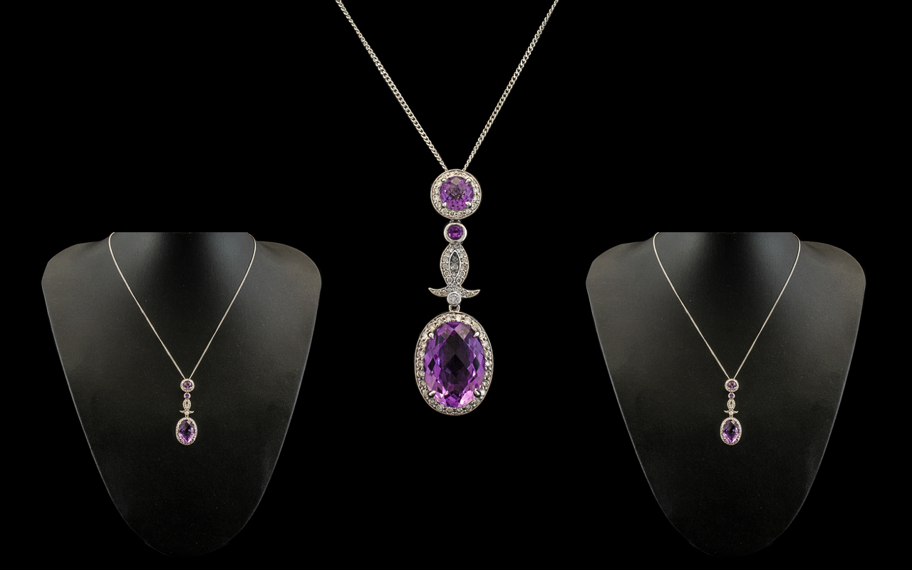 18ct White Gold Superb Quality Diamond and Amethyst Set Combined Necklace - Pendant Drop of pleasing