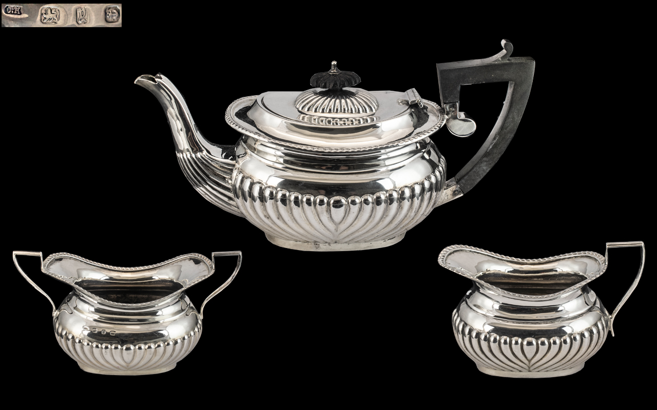 Charles Horner Superb 3 Piece Bachelors Sterling Silver Tea Service with Half Ribbed Design to