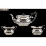 Charles Horner Superb 3 Piece Bachelors Sterling Silver Tea Service with Half Ribbed Design to