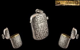 George Unite - Silversmith Oblong Shaped Silver Vesta Case with Engraved Leaf Decoration to Front