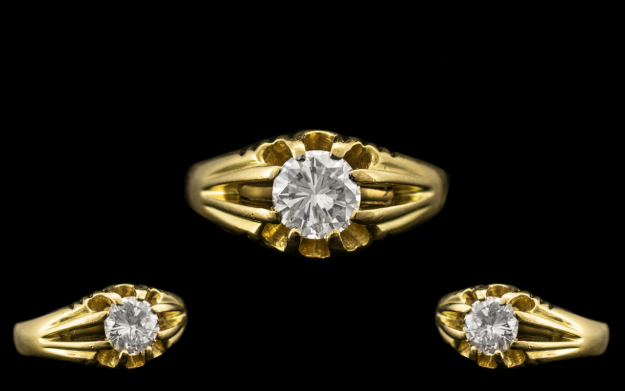 18ct Gold - Gents Excellent Quality Single Stone Diamond Ring - Gypsy Setting. Hallmark Birmingham