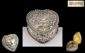 Edwardian Period - Attractive and Ornate Sterling Silver Heart Shaped Lidded Trinket Box,