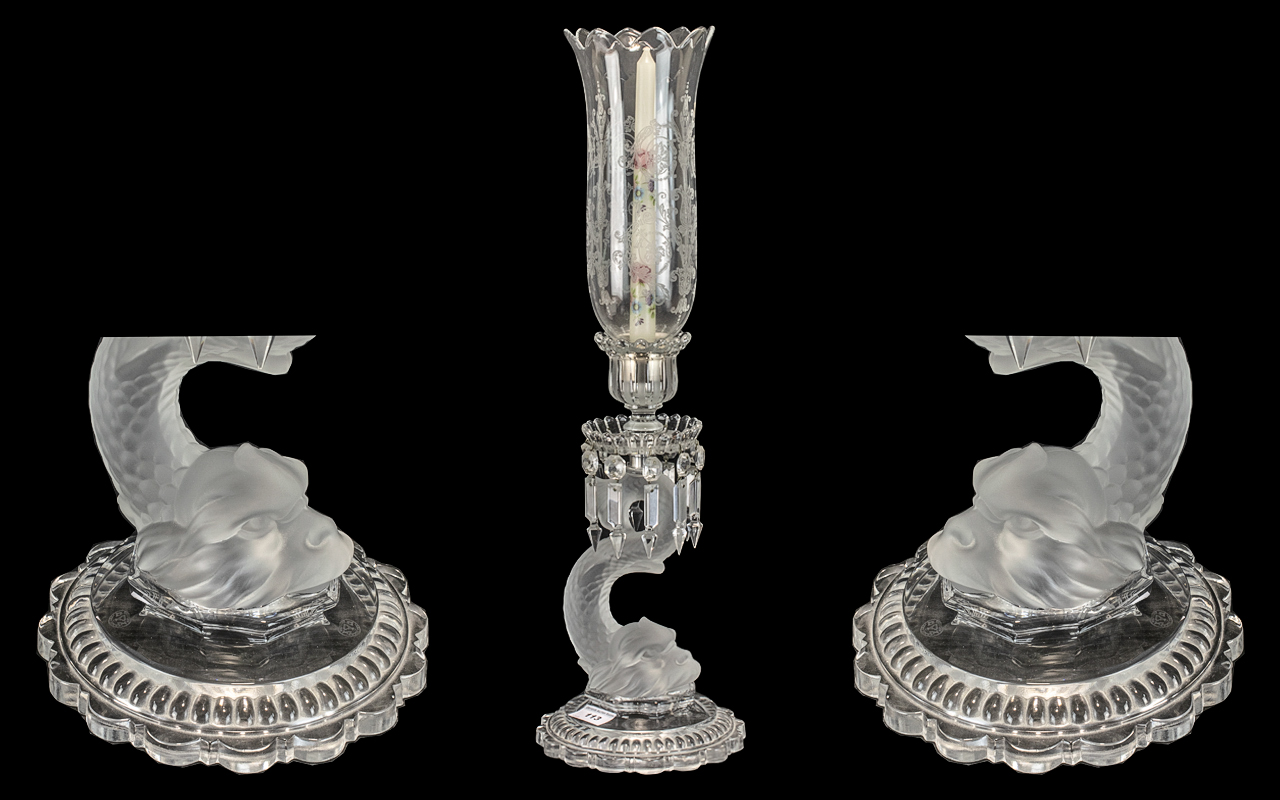 Baccarat Signed Superb Crystal Flambeau ' Dauphine ' Hurricane Lamp Candlestick with Etched Glass