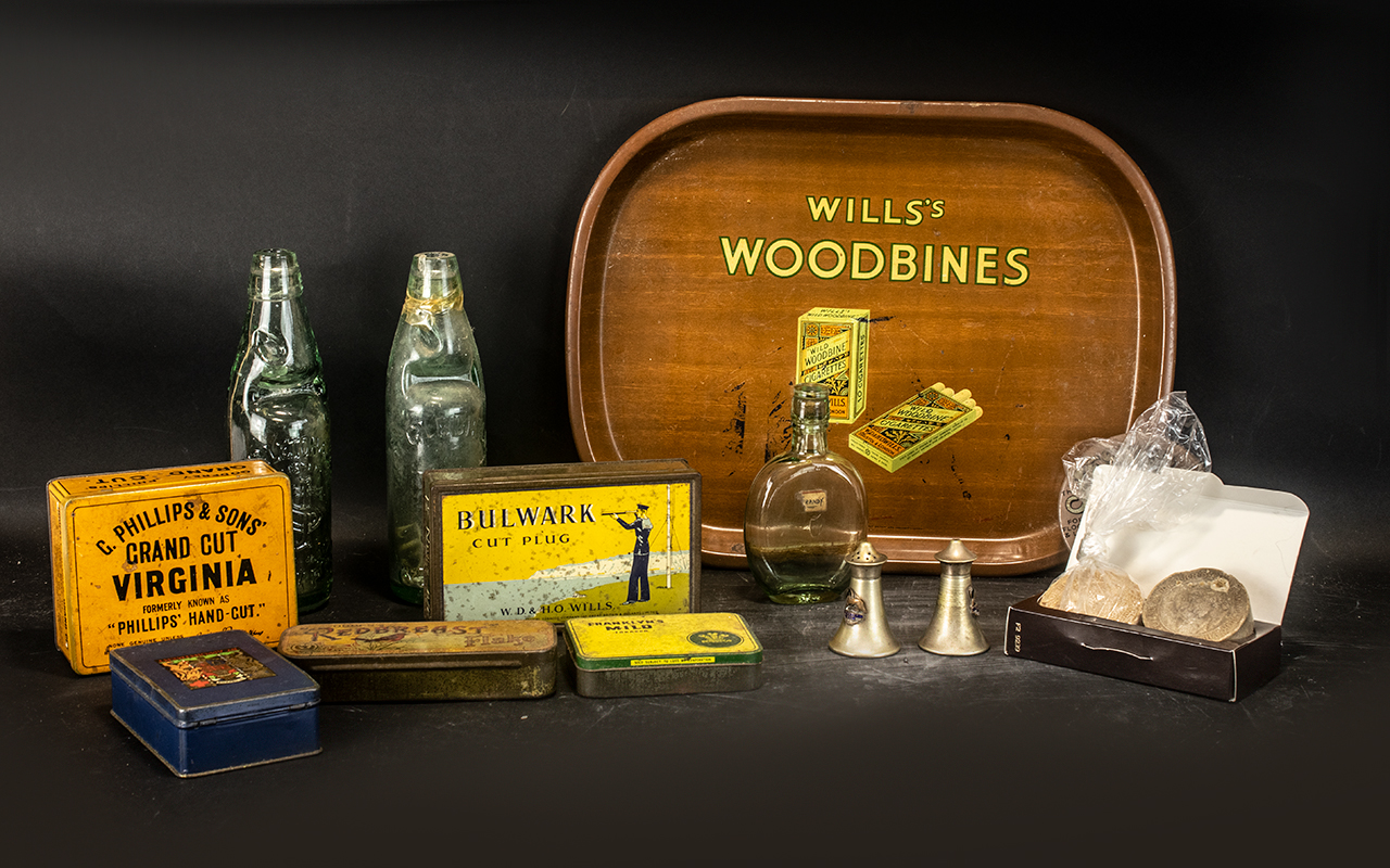 Collection of Vintage Advertising Tins & Glassware comprising three Victorian bottles,
