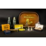 Collection of Vintage Advertising Tins & Glassware comprising three Victorian bottles,