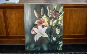 Large Oil on Canvas of Oriental Lilies and Orchids by Iranian Artist Shahrebanoo Gezelbash.