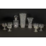 Collection of Glass Items comprising a square decanter 10" tall with decorative stopper;