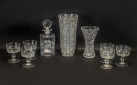 Collection of Glass Items comprising a square decanter 10" tall with decorative stopper;