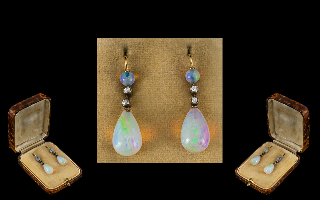 Antique Period 18ct Gold - Top Quality Pair of Diamond and Tear Drop Opal Set Drop Earrings.