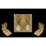 Antique Period 18ct Gold - Top Quality Pair of Diamond and Tear Drop Opal Set Drop Earrings.