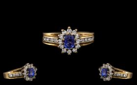 Ladies Attractive 9ct Gold Sapphire and Diamond Cluster Ring, Flower head Design.