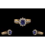 Ladies Attractive 9ct Gold Sapphire and Diamond Cluster Ring, Flower head Design.