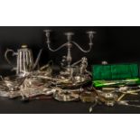 Mixed Box Lot of Silver Plated Items, comprising cutlery, candle sticks, souvenir spoons,