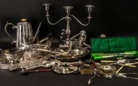 Mixed Box Lot of Silver Plated Items, comprising cutlery, candle sticks, souvenir spoons,