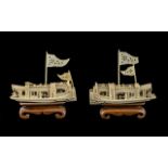 Pair of Antique Cantonese Carved Ivory Imperial Boats with figures on board, on wooden bases.