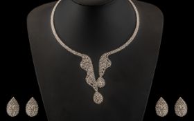 White Crystal Omega Collar and Earrings, The Collar Open at the Front, With Two Round Shaped Drops,