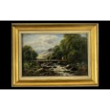 Small Oil Painting on Canvas depicting a river landscape with figures on a bridge;