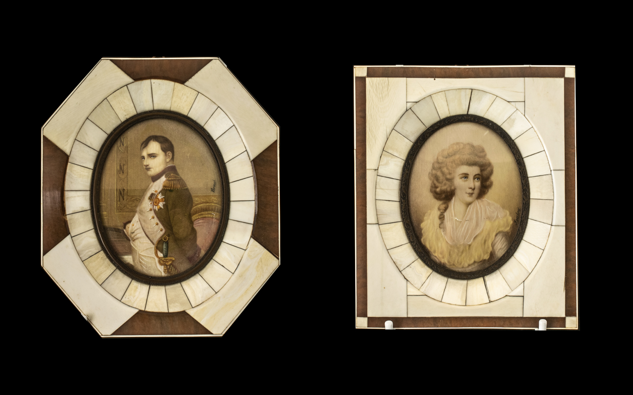 Pair of Portrait Painted Miniatures in Bonite Frames of Napoleon and Josephine,