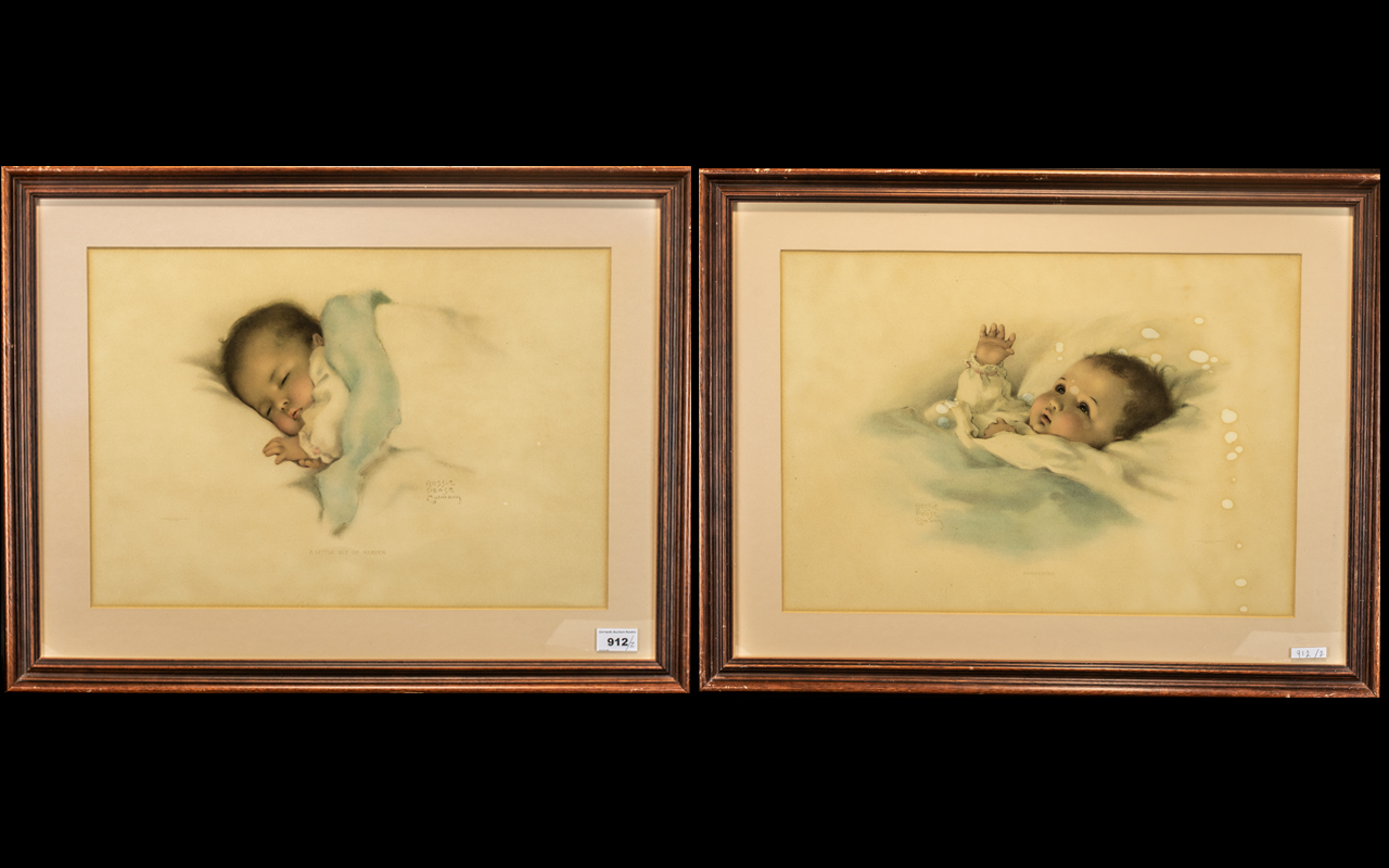 Pair of Bessie Pease Gutman Limited Edition Litho Coloured Prints of sleeping babies,