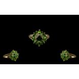 Russian Diopside and Diamond Cluster Ring, a square cut, glowing green, Russian diopside,