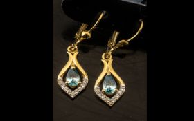 Blue Zircon and White Zircon Drop Earrings, pear cut,