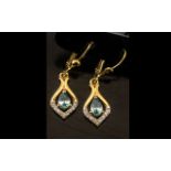 Blue Zircon and White Zircon Drop Earrings, pear cut,