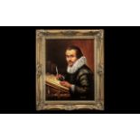 Finely Detailed Oil on Canvas Depicting a Learned Man of the 17th Century, writing with a quill pen,