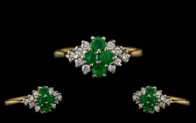 18ct Gold - Attractive Ladies Emerald and Diamond Set Dress Ring - Pleasing Design. Full Hallmark