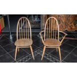 Pair of Ercol Blonde Spindle Back Chairs, with tapered legs and cross stretcher, one with arms.