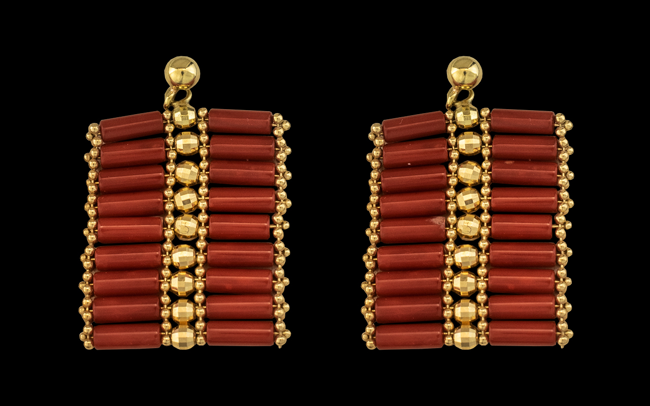 18ct Gold and Red Coral Set Pair of Earr