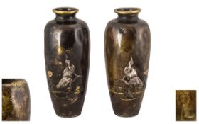 Pair Meiji Period Japanese Bronze Inlaid