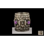 Egyptian 1950's Repousse Worked Hand Crafted Small Silver Pot, Inlaid with Cabochon Cut Amethyst