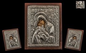 Russian / Greek Stamped Silver Embossed Icon, Depicting Mary and Child with a Painted Face, Wood