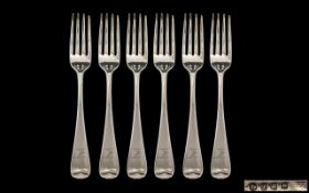 Antique Period Good Quality Matched Set of Six Silver Old English Pattern Forks, Various Hallmarks,