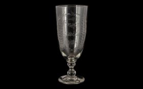 A Victorian Preston Guild Glass Celery Vase with etched decoration and dated 1882. Measures 10