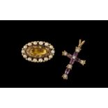 Anitque Period 9ct Gold - Citrine and Seed Pearl Set Oval Shaped Brooch, Not Marked but Tests