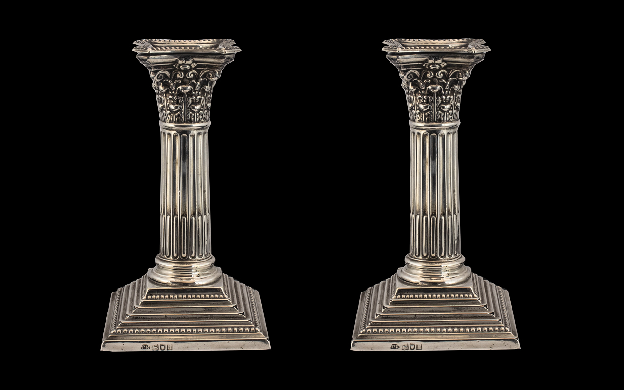 Edwardian Period Fine Pair of Sterling Silver Classical Corinthian Column Candlesticks on Raised