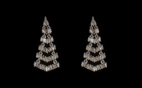 Diamond Chevron Drop Earrings, 1ct of Baguette Cut Diamonds Set In Chevron Shaped, Graduated Rows