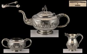Anglo Indian - Superb Quality 19th Century Colonial Solid Silver 4 Piece Tea Set Madras - 1890's.