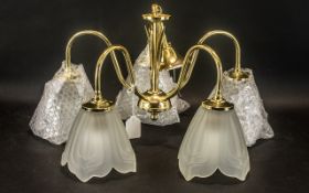 Brass Light Fitting with Five Arms & Glass Light Shades.