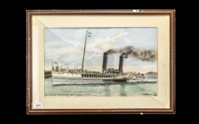 Watercolour Pastel Drawing of the Steamship Glen-Sannox, approaching Whiting Bay, CA 1895. Signed