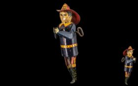 Marx Type Vintage Key Wind Tin Toy, 'Fireman Pulling the Rope' figure; Made in England,
