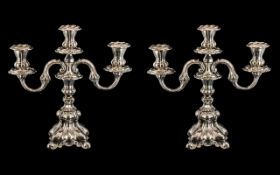 Danish - Superb Quality Mid 20th Century Georgian Style Pair of Silver 3 Branch / Light Candelabra