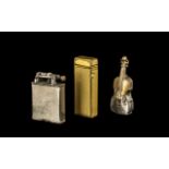 Unusual Violin Shaped Plated Metal Vesta Case with two vintage lighters,