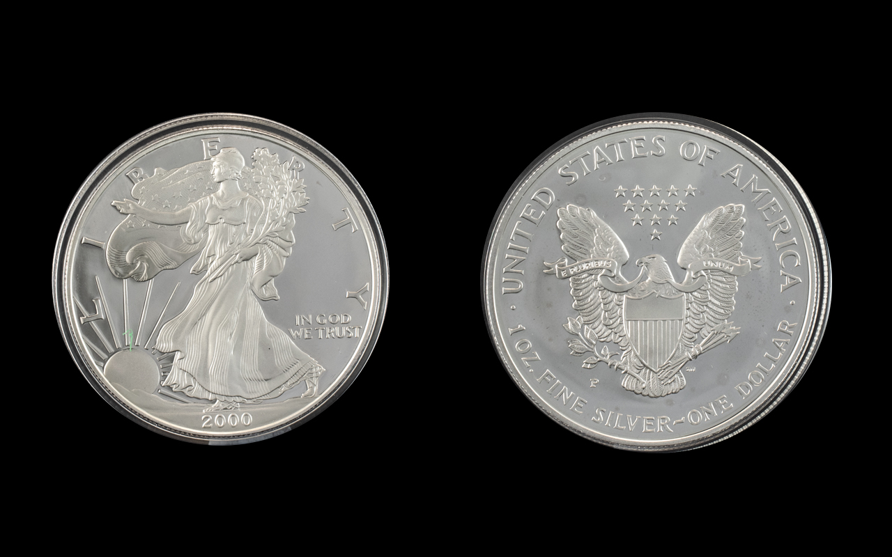 United States of America Liberty Silver Dollar - Date 2000. Proof Like Coin, 1 oz of Fine Silver .