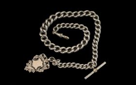 Antique Period Sterling Silver Albert Chain with T-Bar and Fob, Links Marked with Lion Passant,