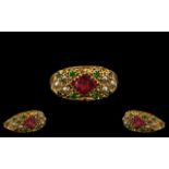 Antique Period Attractive 15ct Gold Star Ruby - Emerald and Seed Pearl Set Ring - Wonderful Setting.