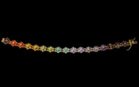 Multi Gemstone Floral Line Bracelet, 15cts of Fire Opal, Peridot, Tanzanite, Apatite, Amethyst,