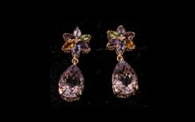 Multi Gem and Rose de France Amethyst Drop Earrings,