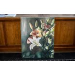 Large Oil on Canvas of Oriental Lilies and Orchids by Iranian Artist Shahrebanoo Gezelbash.